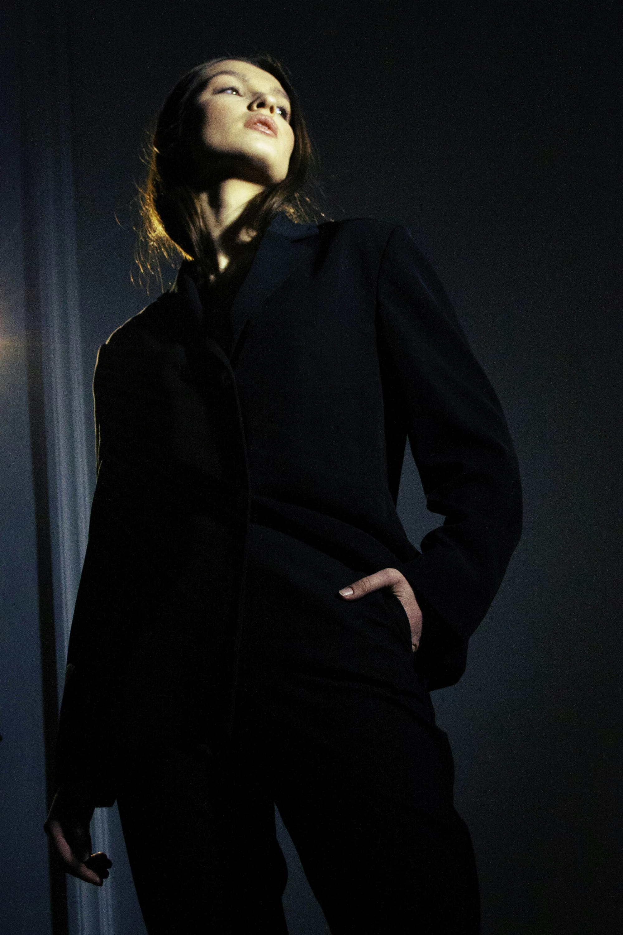 Model in a dark tailored jacket under studio light, from the Aurora template demo