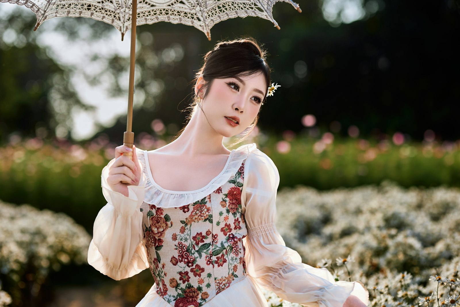Model in a floral dress holding a lace parasol, Boudoir template demo